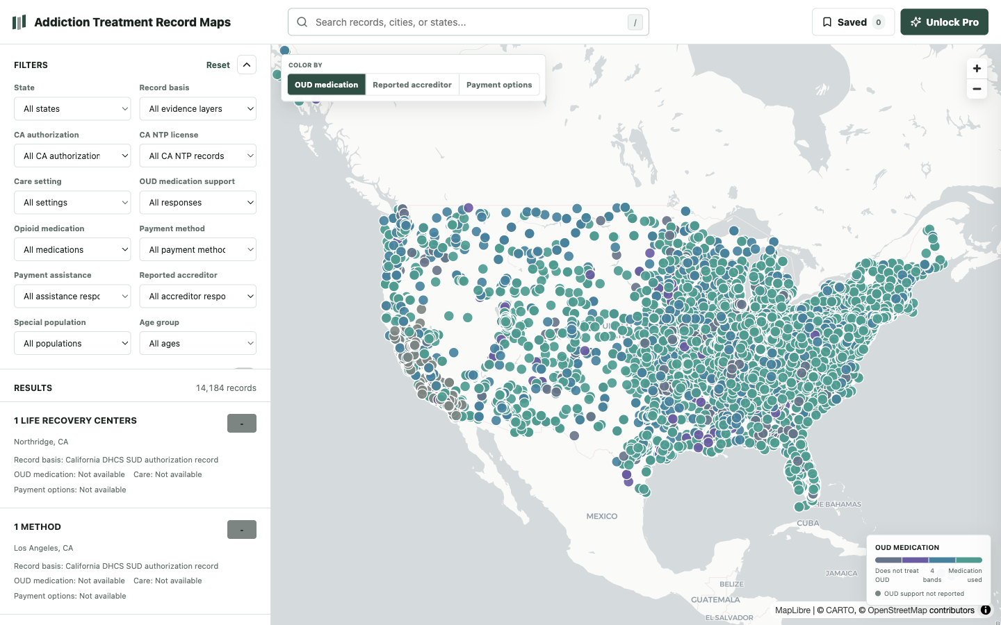 National addiction treatment explorer colored by reported treatment fields